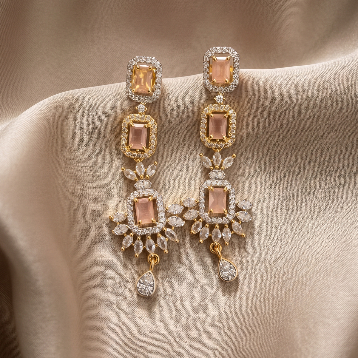 Rose Gold Peach Bridal Chandelier Earrings