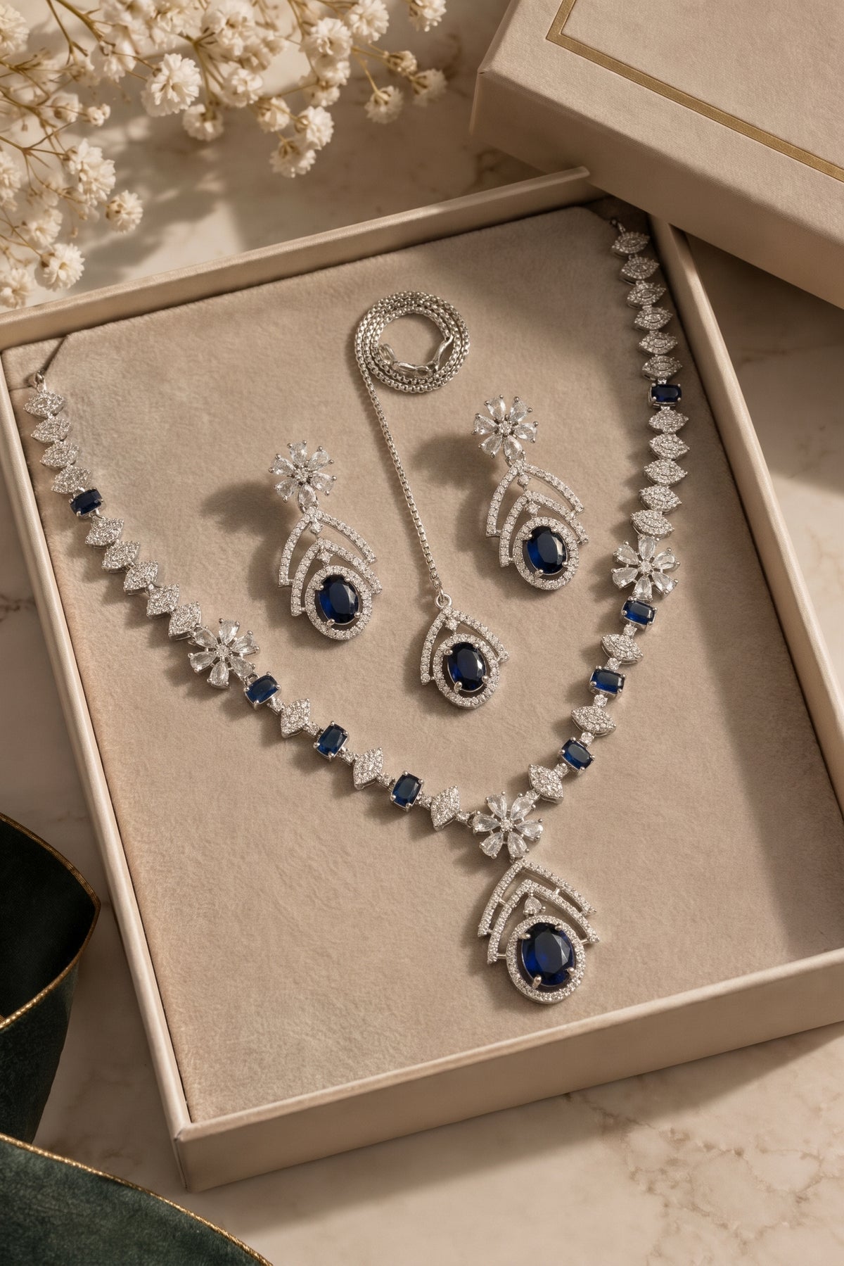 Silver Crystal Leaf Pendant Set with Blue Stones & Tikka