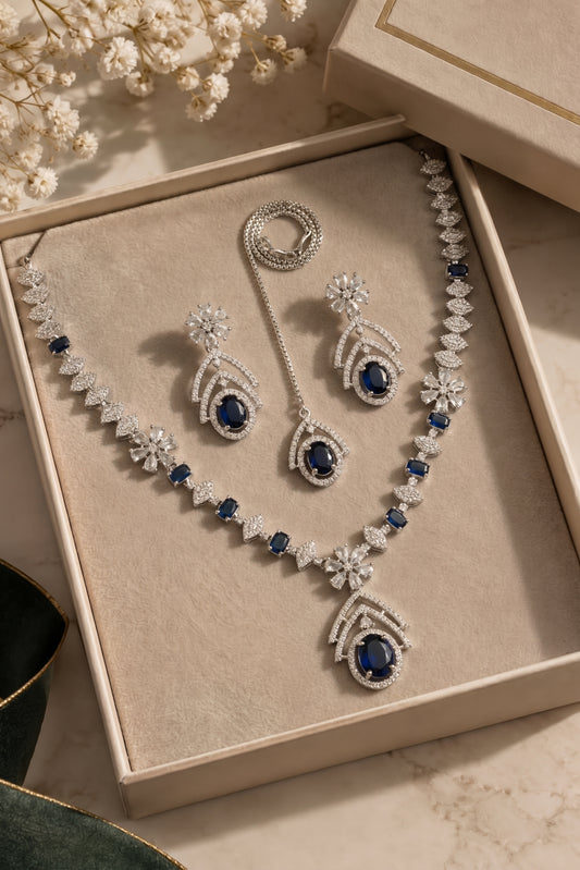 Silver Crystal Leaf Pendant Set with Blue Stones & Tikka