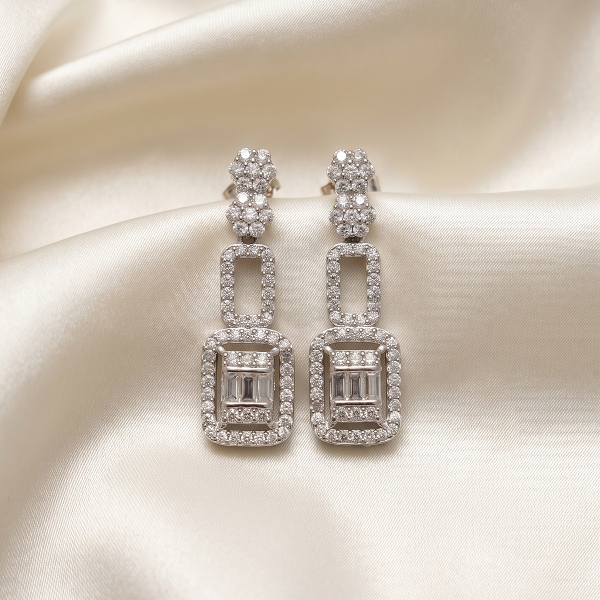 Silver Crystal Geometric Drop Earrings
