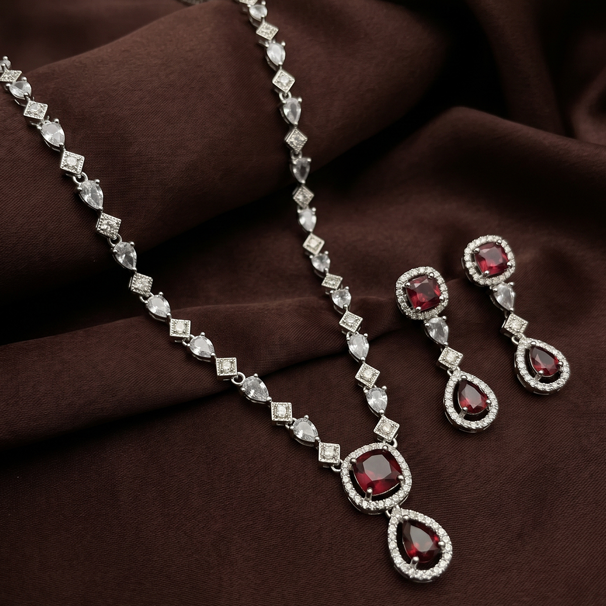 Silver Crystal Necklace Set with Ruby-Look Double Drop