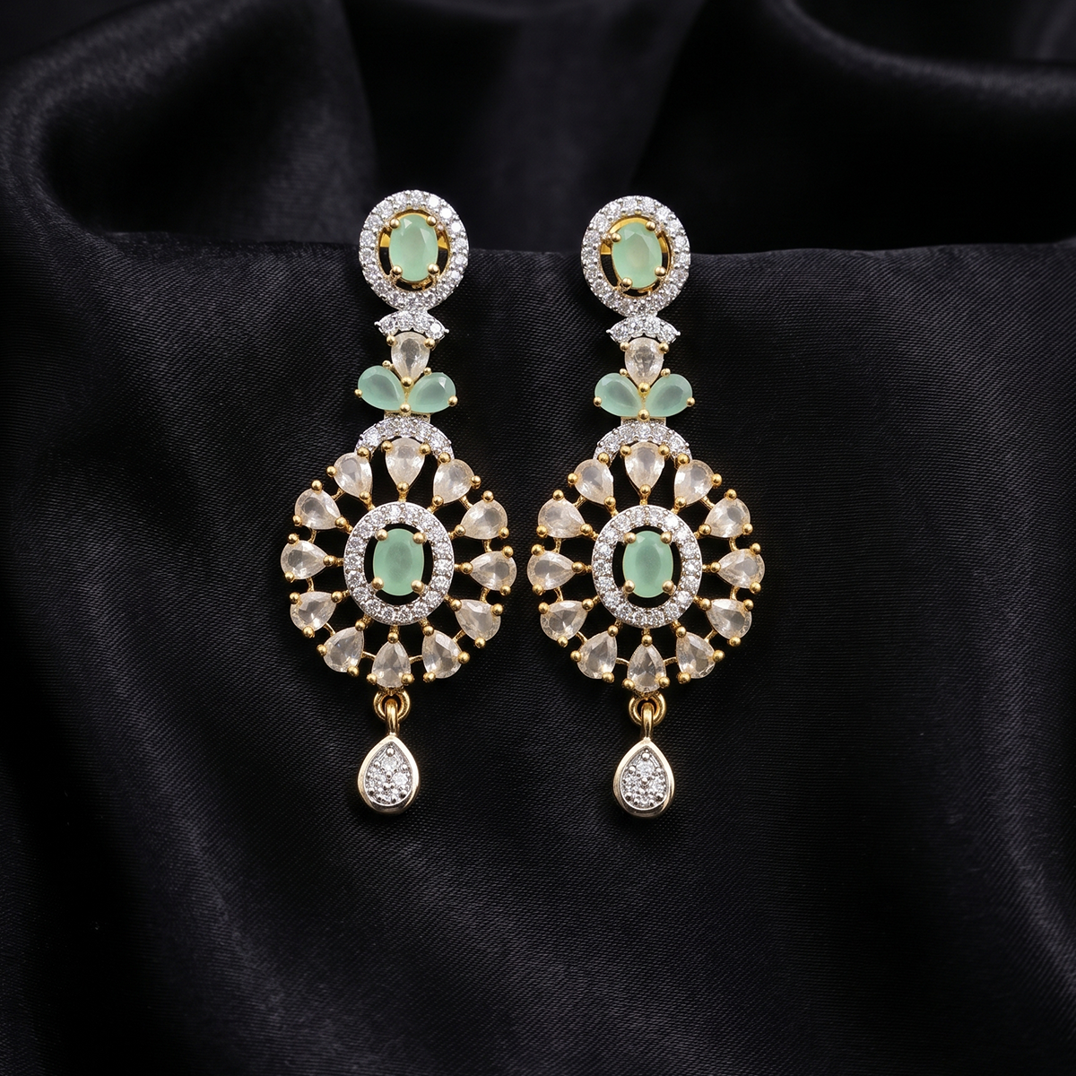 Gold Mint Stone Floral Drop Earrings