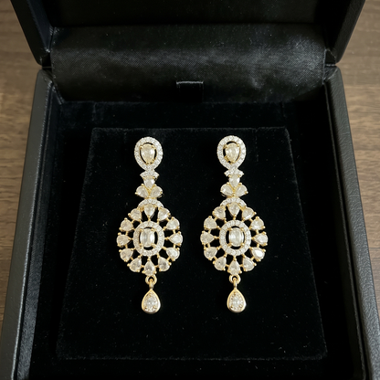 Gold Crystal Floral Halo Drop Earrings