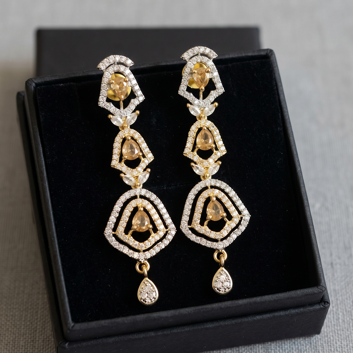 Gold Art Deco Crystal Long Drop Earrings