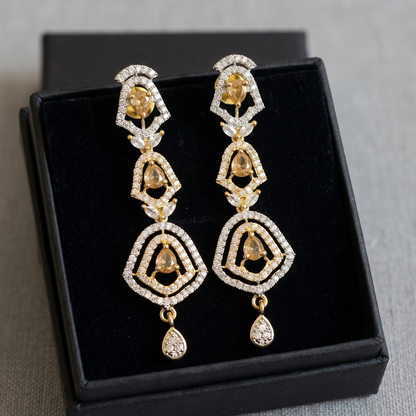 Gold Art Deco Crystal Long Drop Earrings