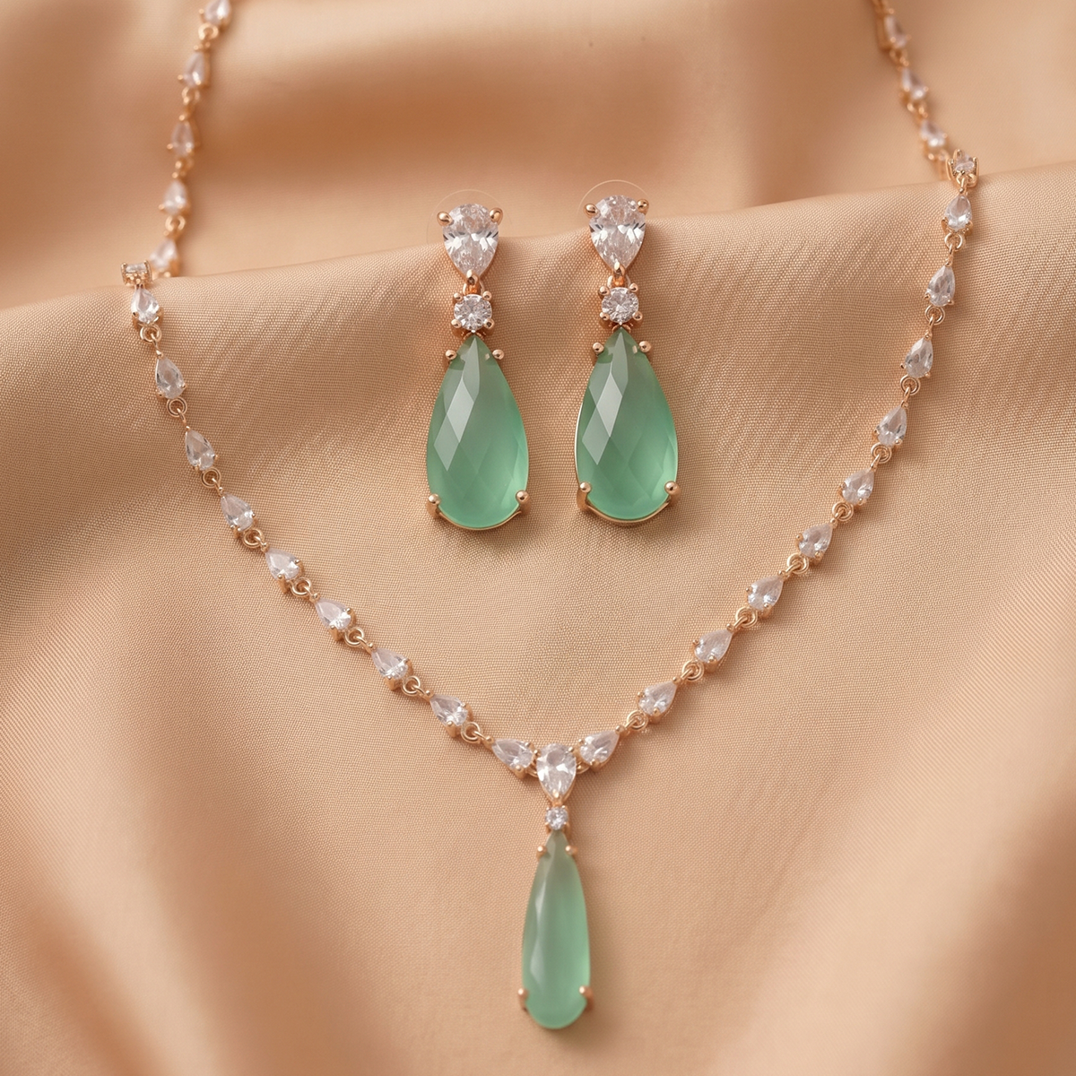 Rose Gold Mint Green Drop Pendant Necklace Set