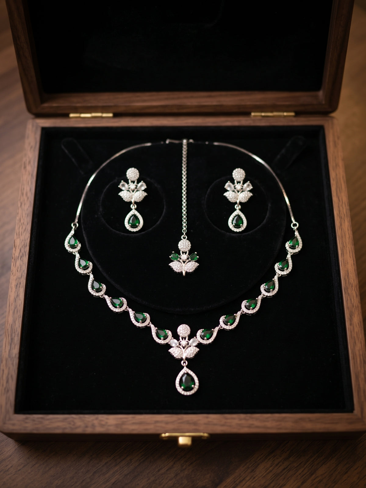 Silver Green Stone Lotus Necklace, Earrings & Tikka Set