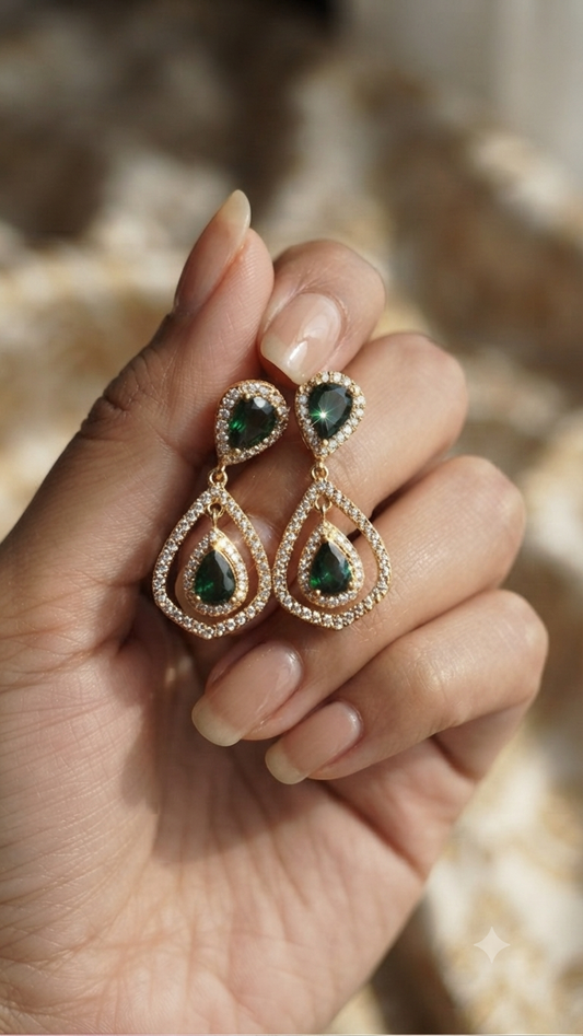 Gold Plated Green Stone Drop Earrings