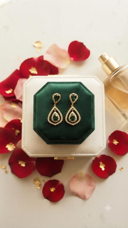 Gold Plated Green Stone Drop Earrings