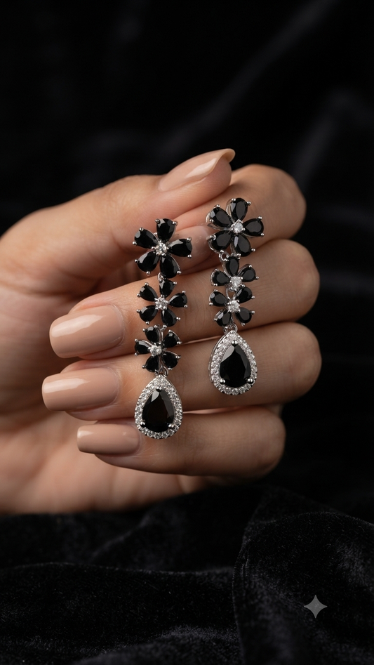 Black Diamond Flower Dangle Earrings
