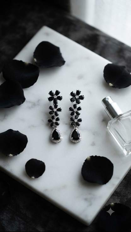 Black Diamond Flower Dangle Earrings