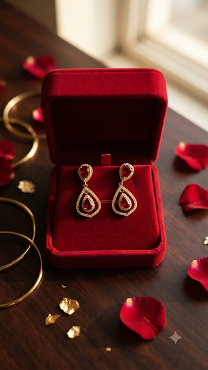 Ruby Crimson Pear Halo Drop Earrings