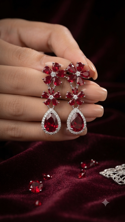 Red Lucky Flower Pearl Drop Earrings