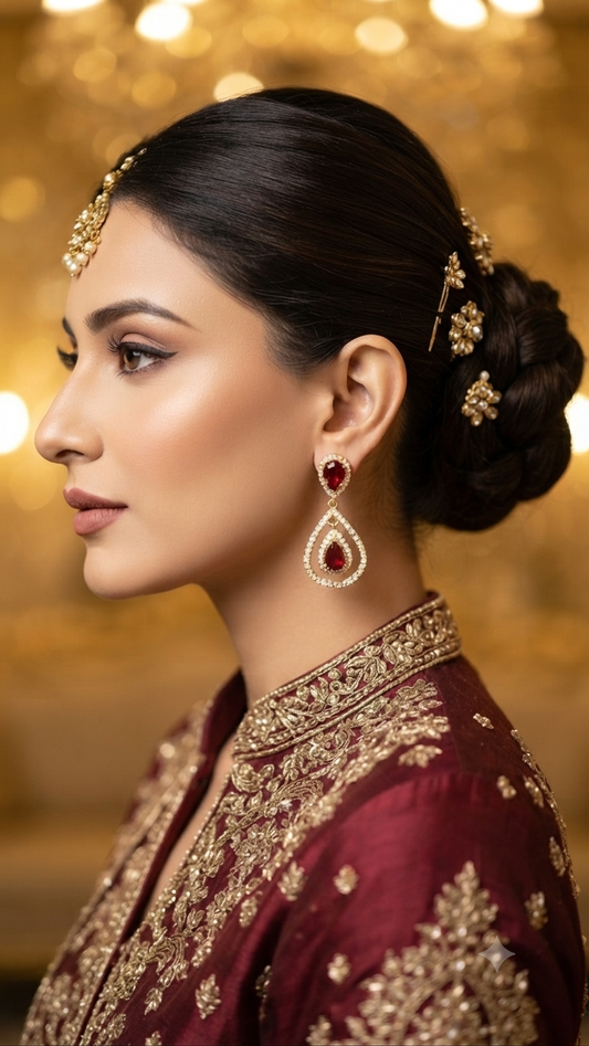 Ruby Crimson Pear Halo Drop Earrings