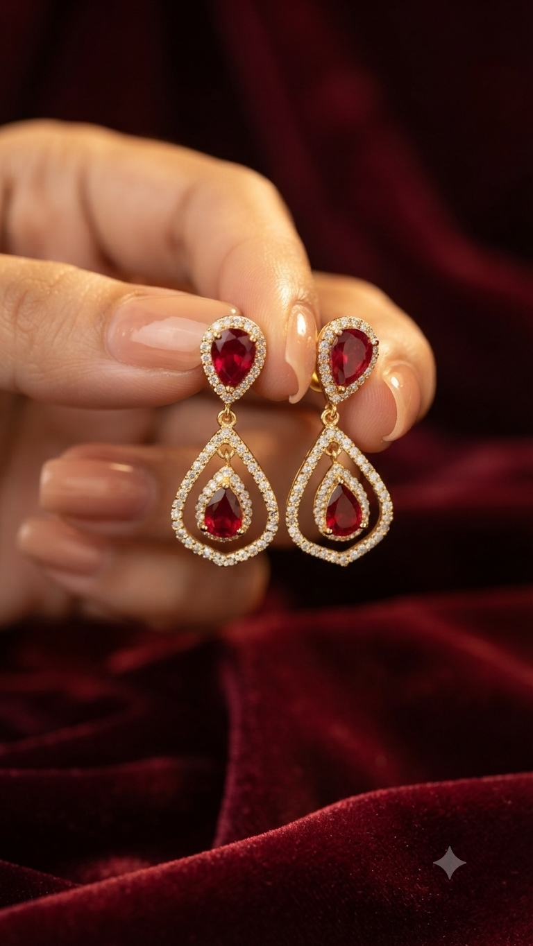 Ruby Crimson Pear Halo Drop Earrings