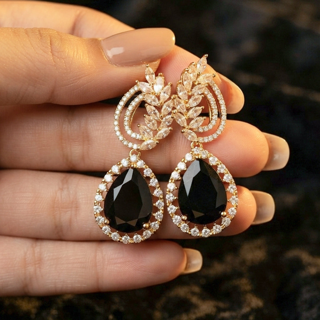 Gold Black Teardrop Drop Earrings