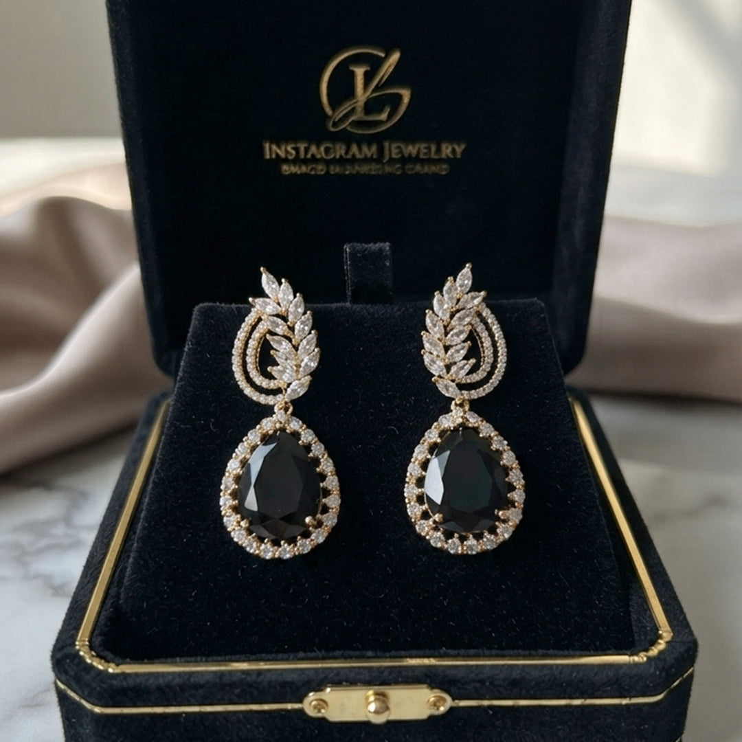 Gold Black Teardrop Drop Earrings