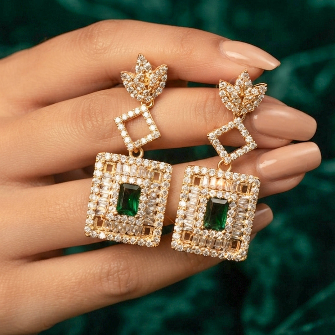 Gold Emerald Square Drop Earrings