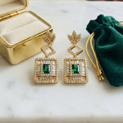 Gold Emerald Square Drop Earrings