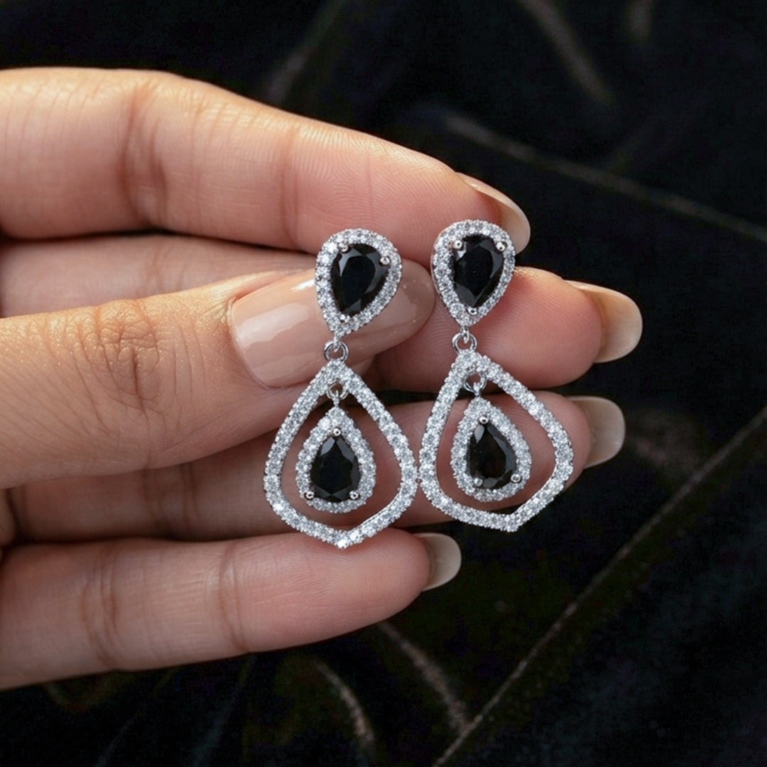 Silver Black Teardrop Earrings