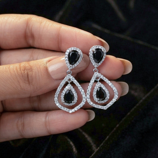 Silver Black Teardrop Earrings