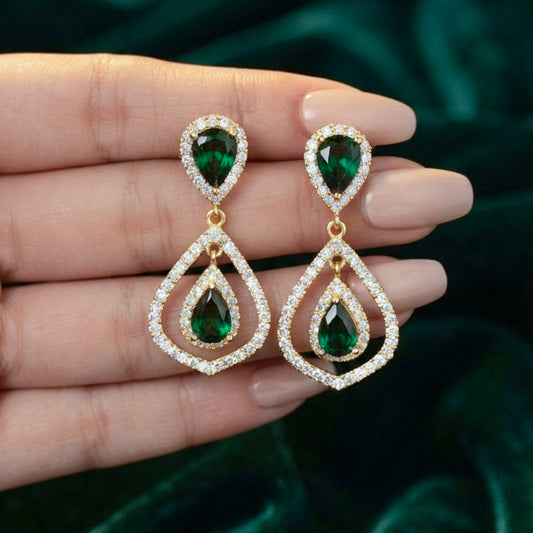 Gold Plated Green Stone Drop Earrings