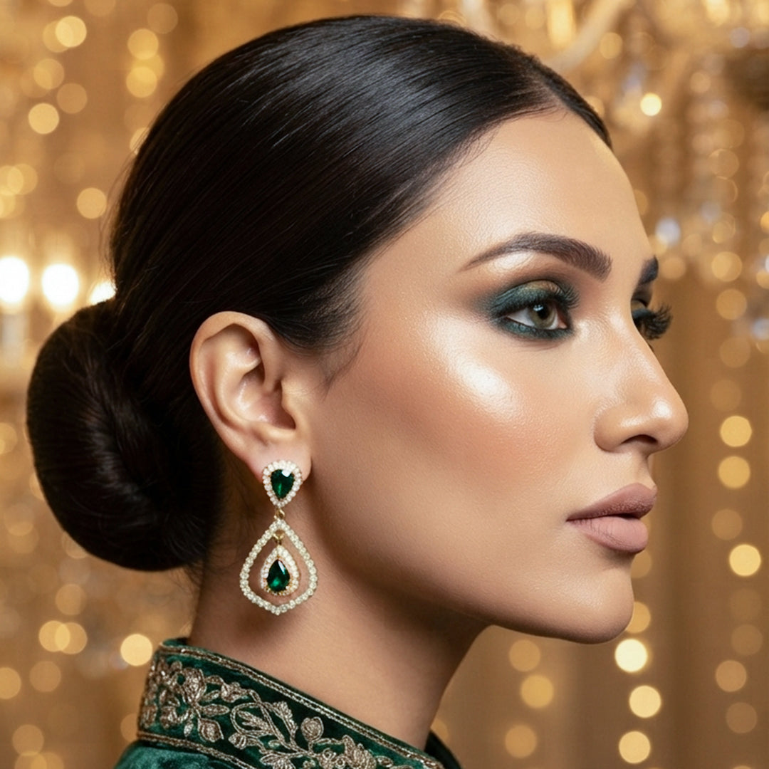 Gold Plated Green Stone Drop Earrings