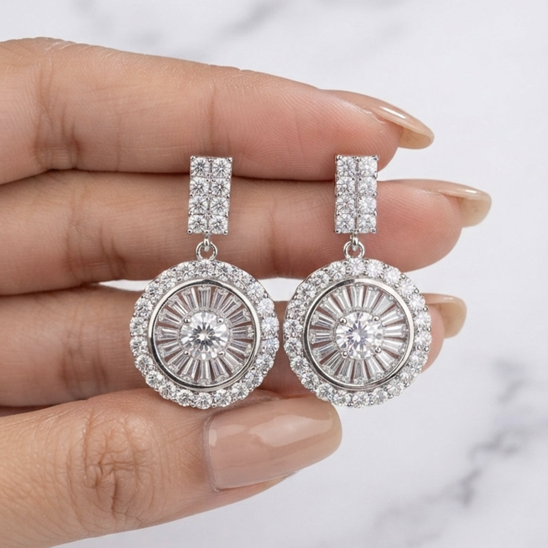 Silver Round Crystal Drop Earrings