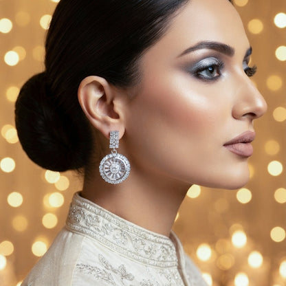 Silver Round Crystal Drop Earrings