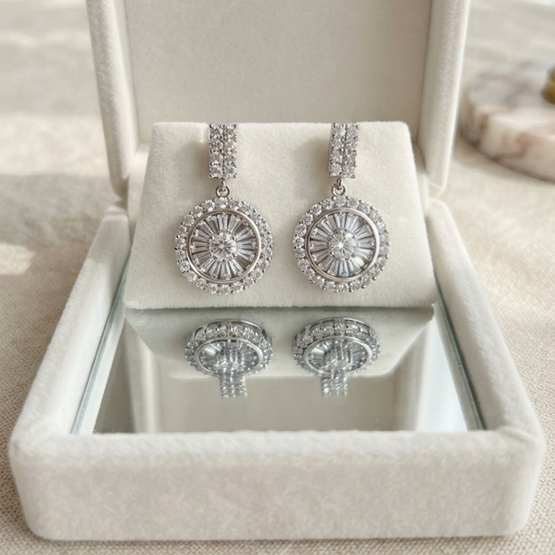 Silver Round Crystal Drop Earrings