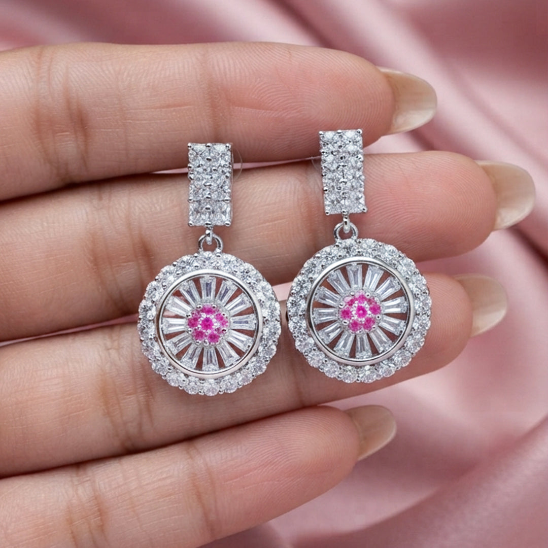 Silver Pink Crystal Drop Earrings