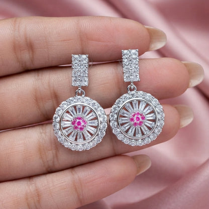 Silver Pink Crystal Drop Earrings