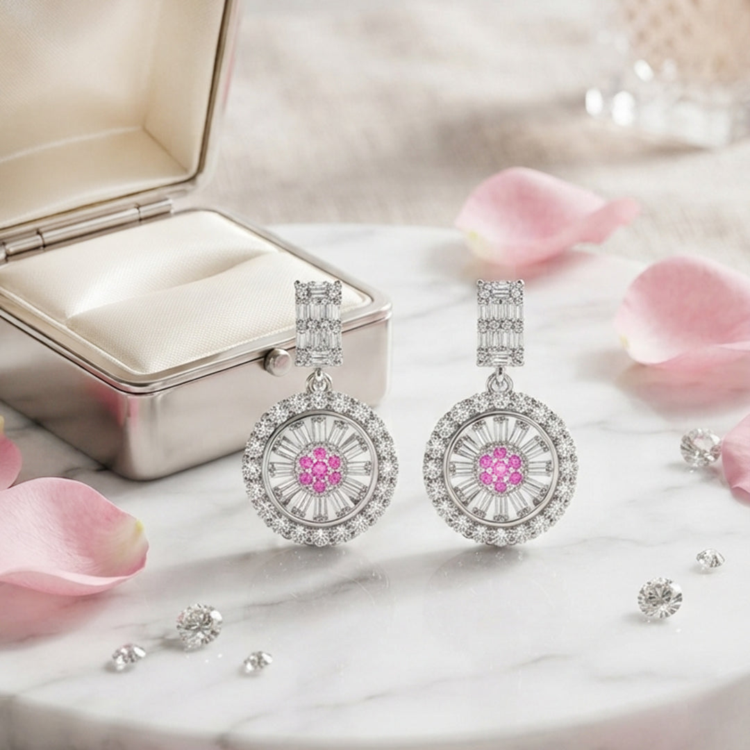 Silver Pink Crystal Drop Earrings