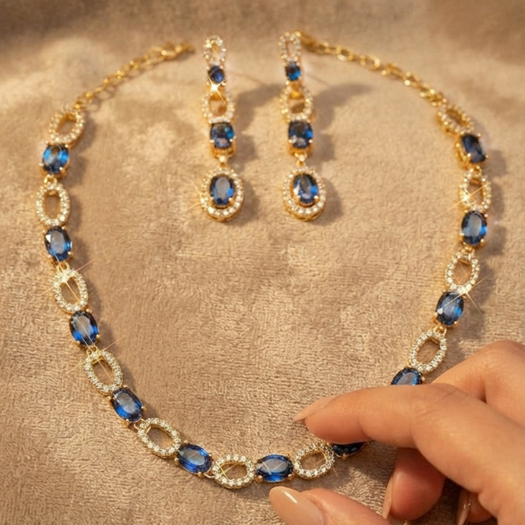 Blue Sapphire Crystal Necklace & Earrings Set