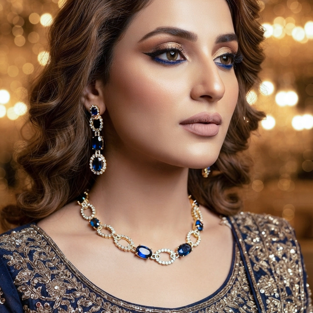 Blue Sapphire Crystal Necklace & Earrings Set