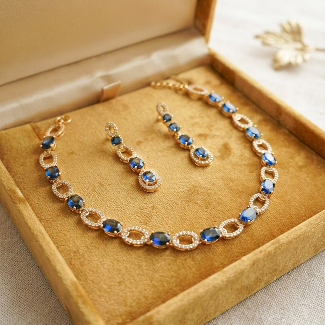 Blue Sapphire Crystal Necklace & Earrings Set