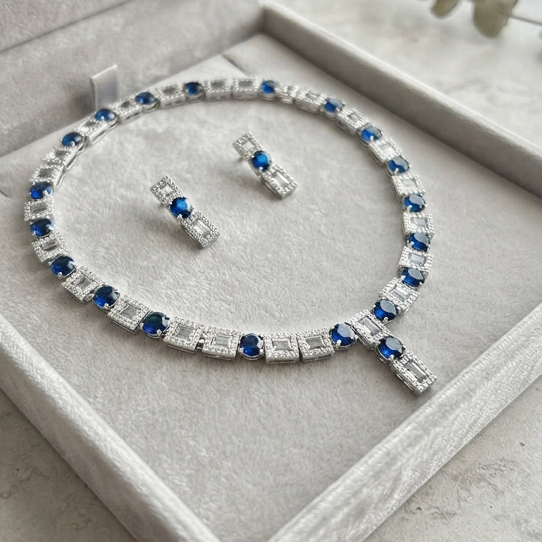 Blue Sapphire Tennis Necklace & Earrings Set