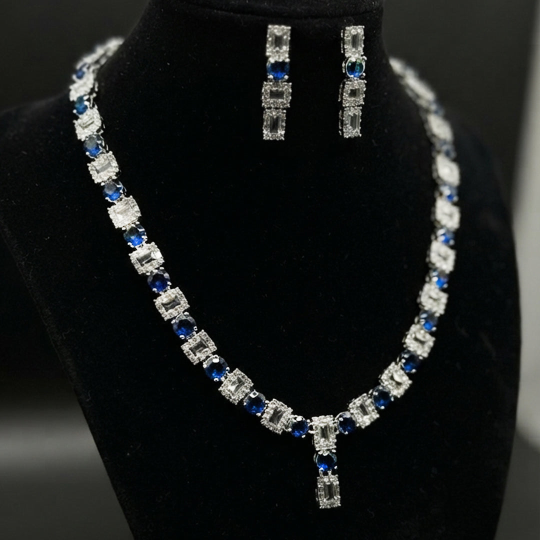 Blue Sapphire Tennis Necklace & Earrings Set