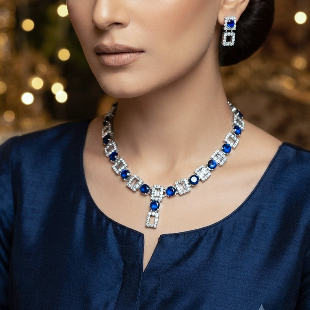 Blue Sapphire Tennis Necklace & Earrings Set