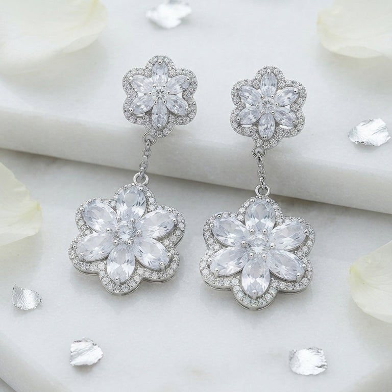 Silver Floral Drop Earrings