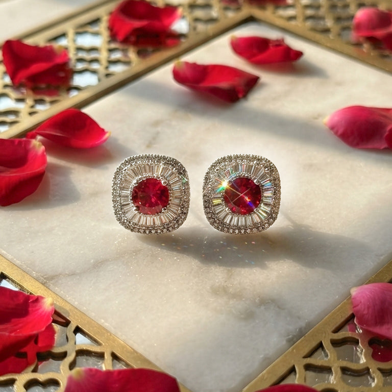 Ruby Red Floral Stud Earrings