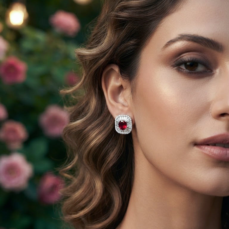 Ruby Red Floral Stud Earrings