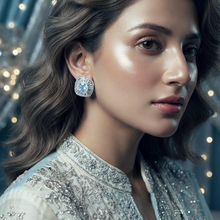 Silver Blue Crystal Stud Earrings