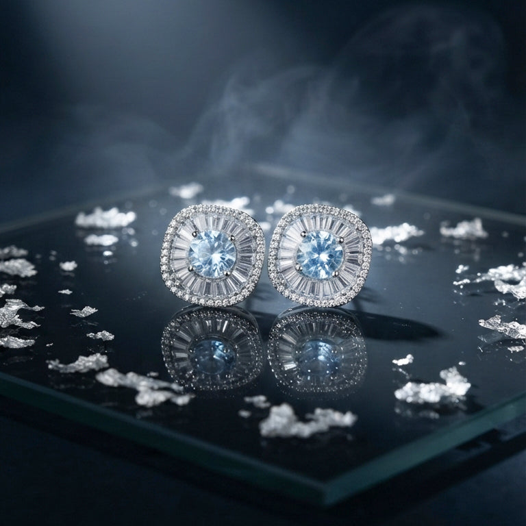 Silver Blue Crystal Stud Earrings
