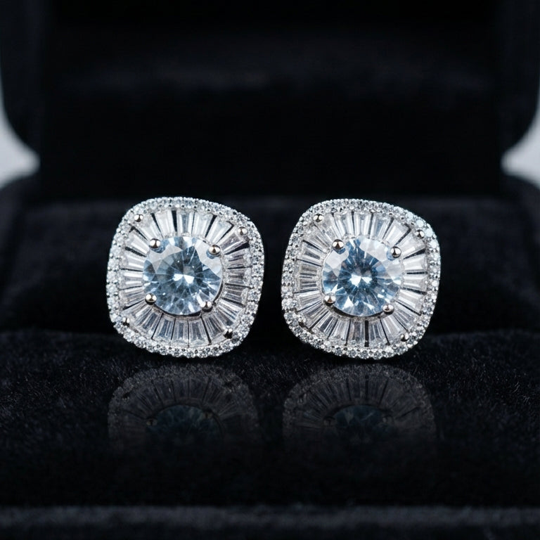 Silver Blue Crystal Stud Earrings