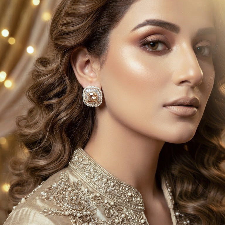 Gold Crystal Square Stud Earrings