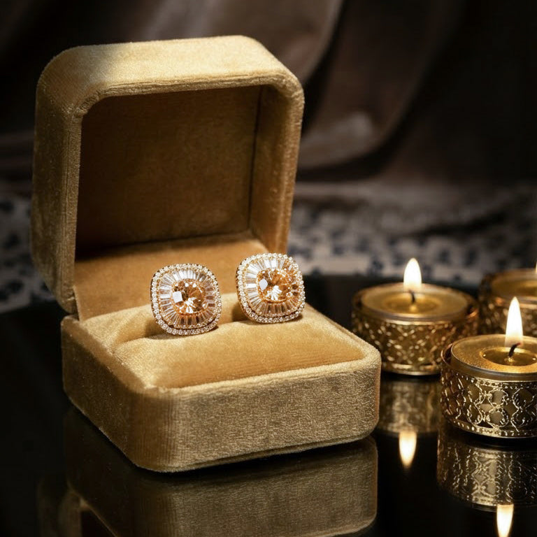 Gold Crystal Square Stud Earrings