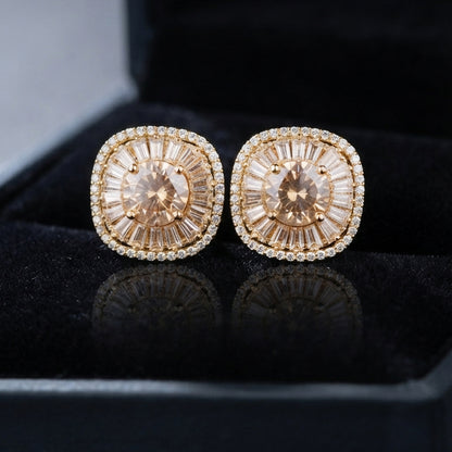 Gold Crystal Square Stud Earrings