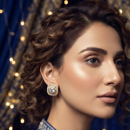 Gold Crystal Square Stud Earrings