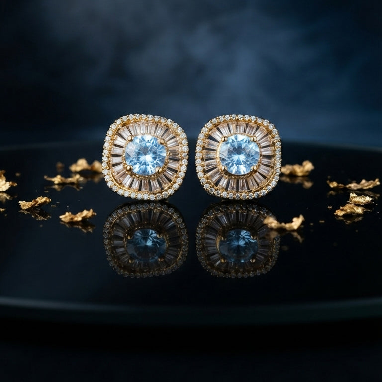 Gold Crystal Square Stud Earrings